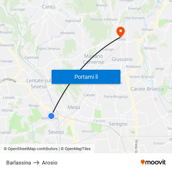 Barlassina to Arosio map