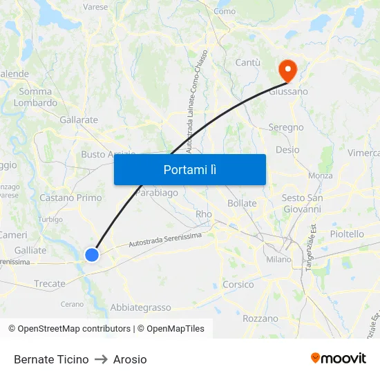 Bernate Ticino to Arosio map