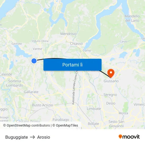 Buguggiate to Arosio map