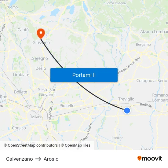 Calvenzano to Arosio map