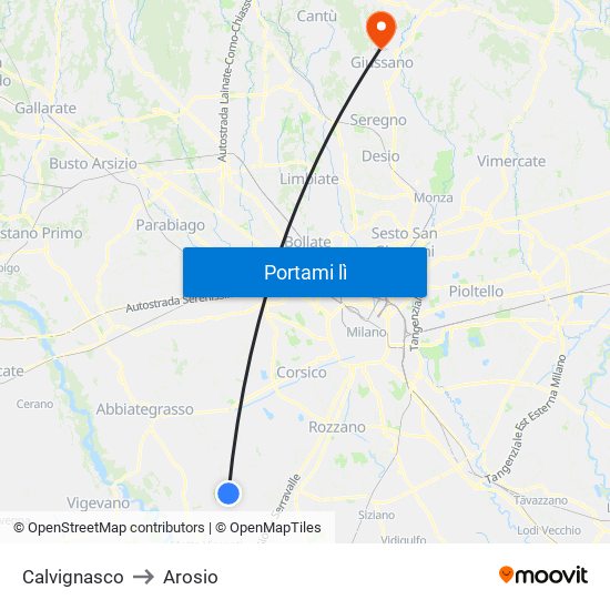 Calvignasco to Arosio map