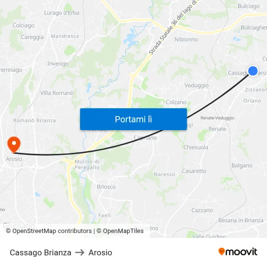 Cassago Brianza to Arosio map