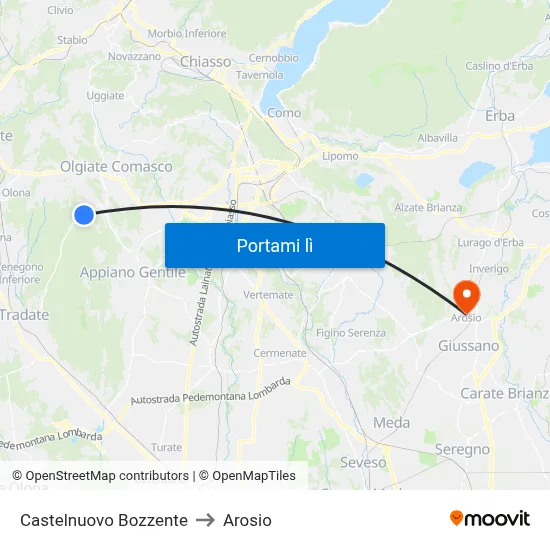 Castelnuovo Bozzente to Arosio map