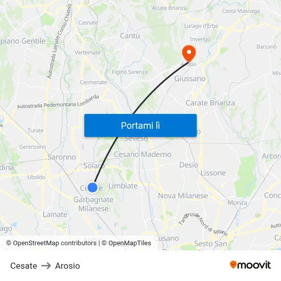 Cesate to Arosio map