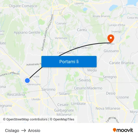 Cislago to Arosio map