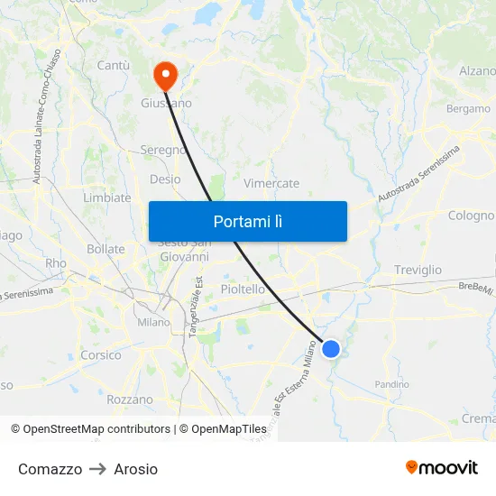 Comazzo to Arosio map