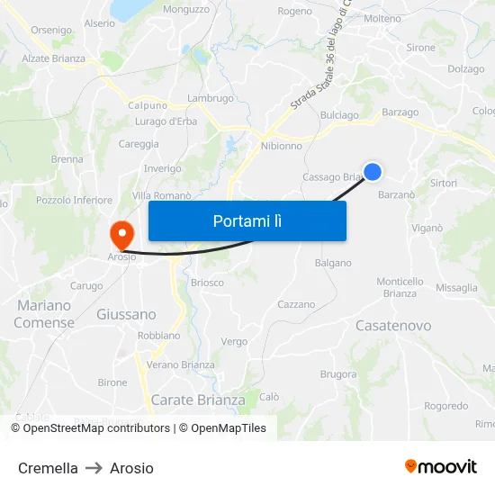 Cremella to Arosio map