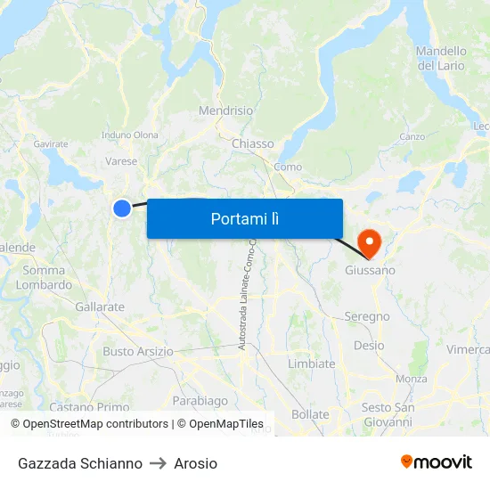 Gazzada Schianno to Arosio map