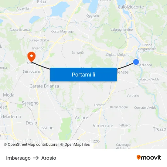 Imbersago to Arosio map