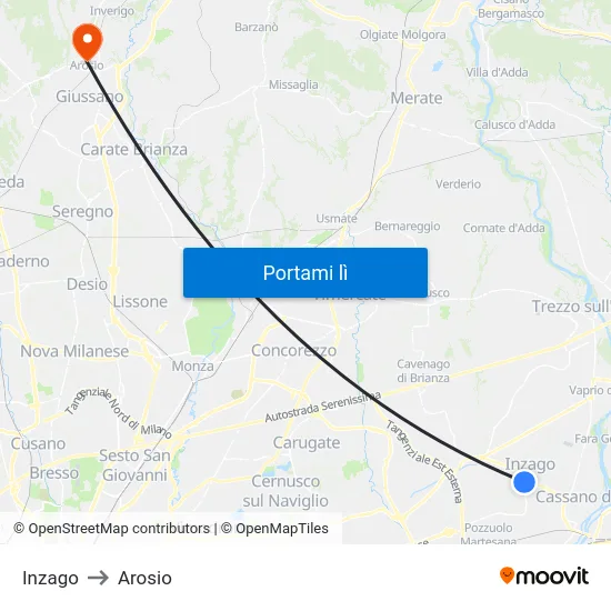 Inzago to Arosio map