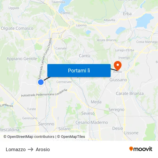 Lomazzo to Arosio map