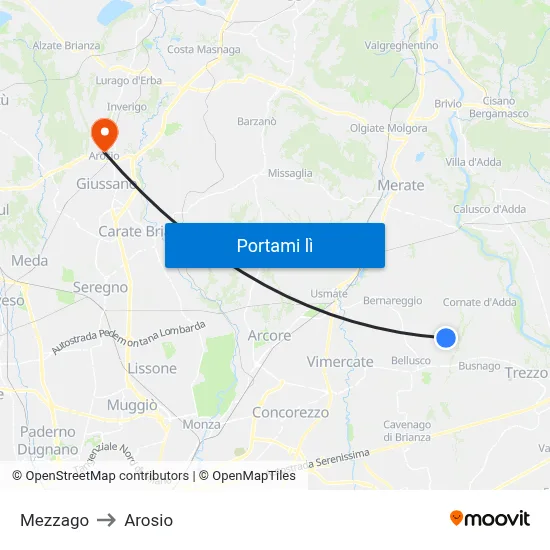 Mezzago to Arosio map