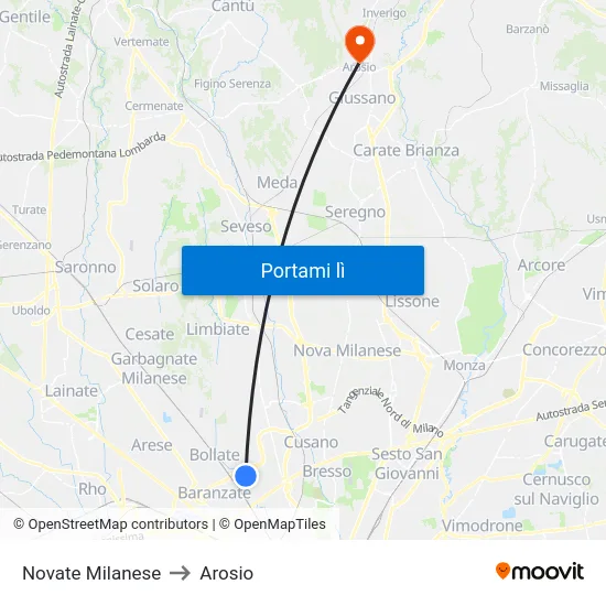 Novate Milanese to Arosio map