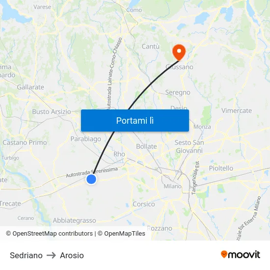 Sedriano to Arosio map