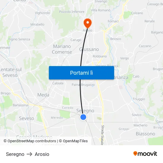 Seregno to Arosio map