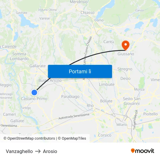 Vanzaghello to Arosio map