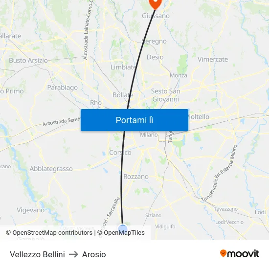 Vellezzo Bellini to Arosio map