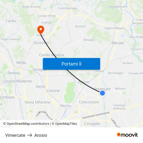 Vimercate to Arosio map