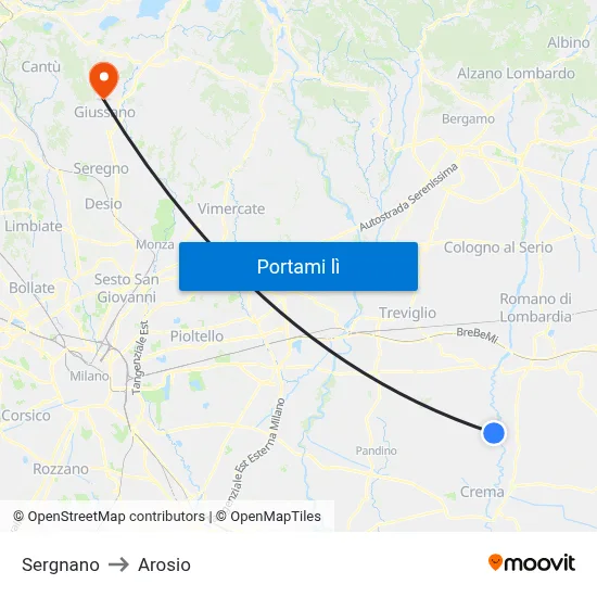 Sergnano to Arosio map