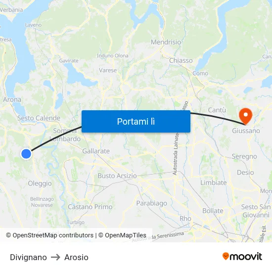Divignano to Arosio map