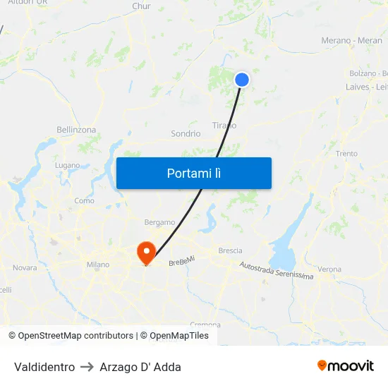 Valdidentro to Arzago D' Adda map