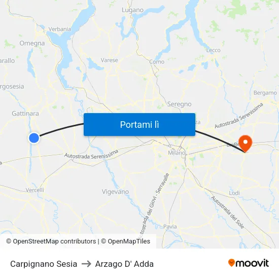 Carpignano Sesia to Arzago D' Adda map