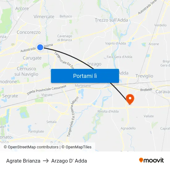 Agrate Brianza to Arzago D' Adda map