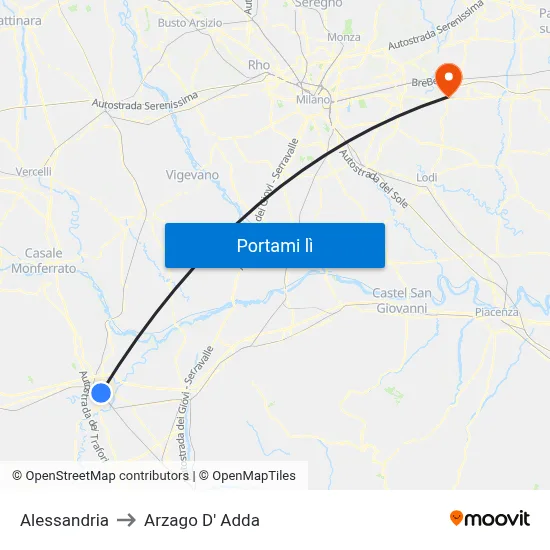 Alessandria to Arzago D' Adda map
