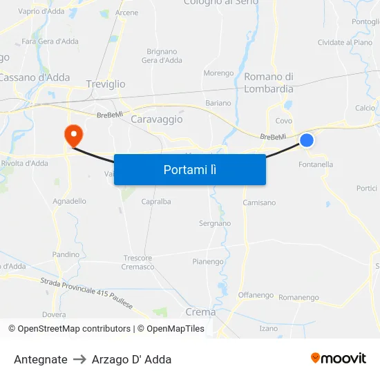 Antegnate to Arzago D' Adda map
