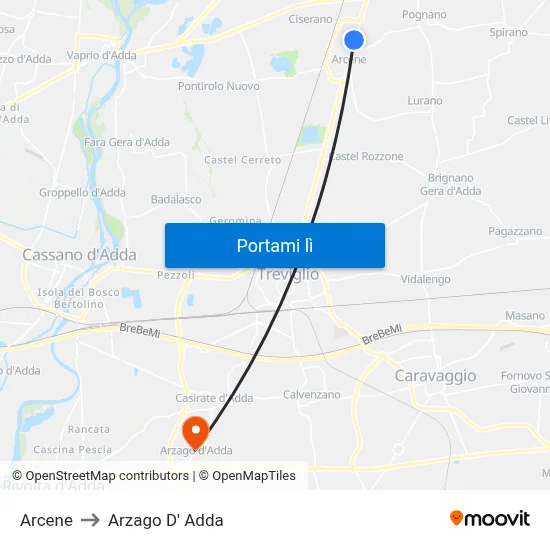Arcene to Arzago D' Adda map