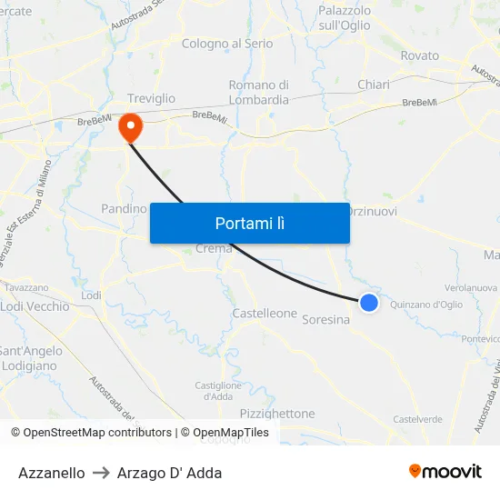 Azzanello to Arzago D' Adda map