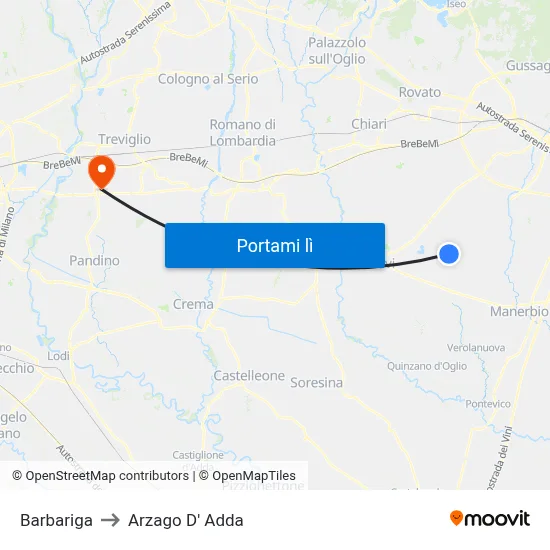 Barbariga to Arzago D' Adda map