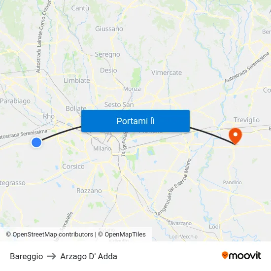 Bareggio to Arzago D' Adda map