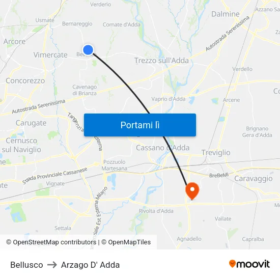 Bellusco to Arzago D' Adda map