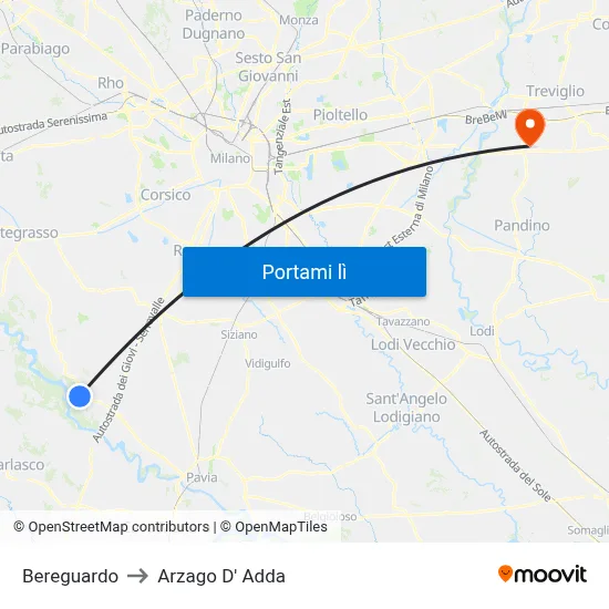 Bereguardo to Arzago D' Adda map