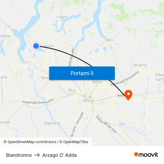Biandronno to Arzago D' Adda map