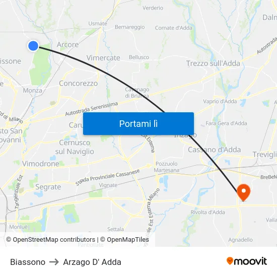 Biassono to Arzago D' Adda map