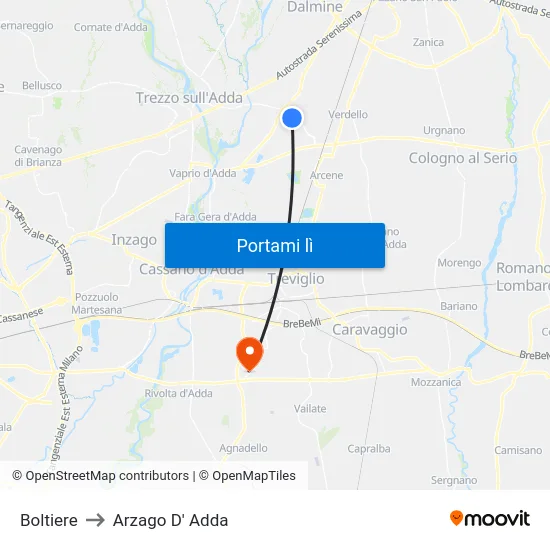 Boltiere to Arzago D' Adda map