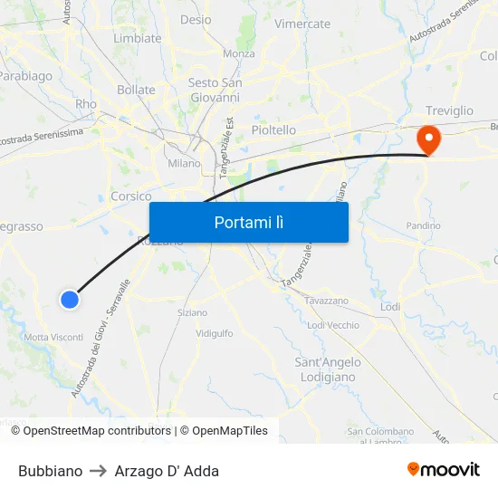 Bubbiano to Arzago D' Adda map