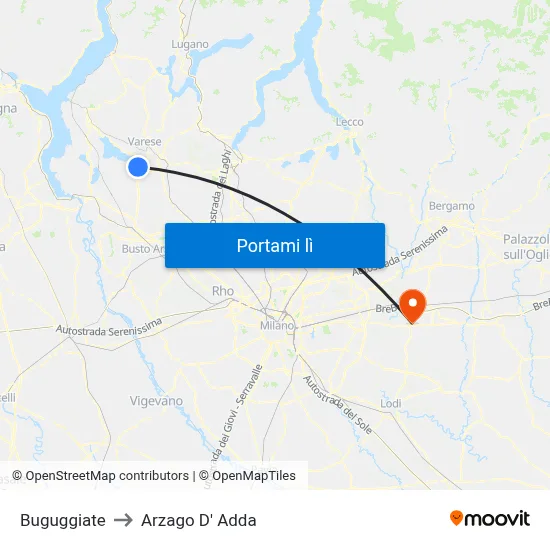 Buguggiate to Arzago D' Adda map