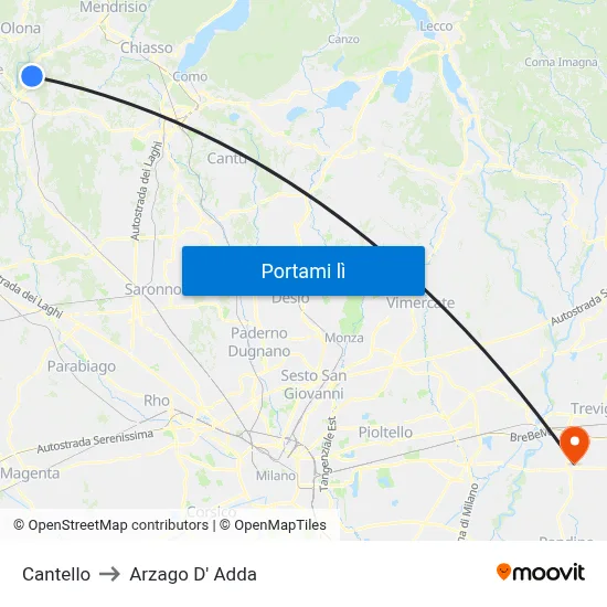 Cantello to Arzago D' Adda map