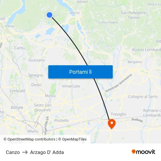 Canzo to Arzago D' Adda map
