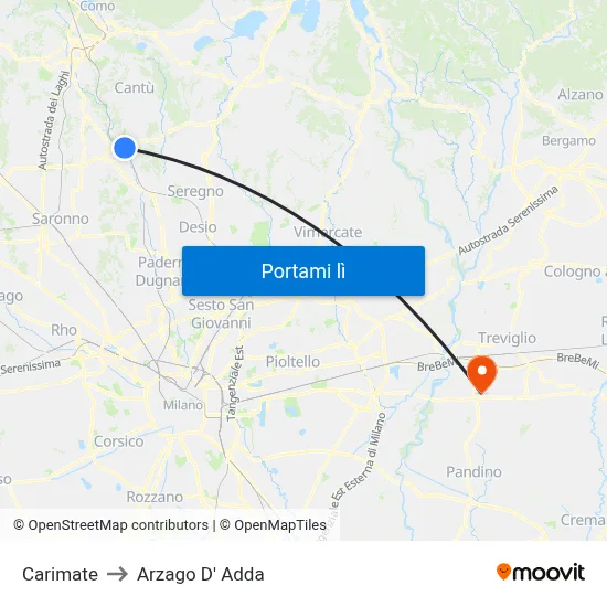 Carimate to Arzago D' Adda map