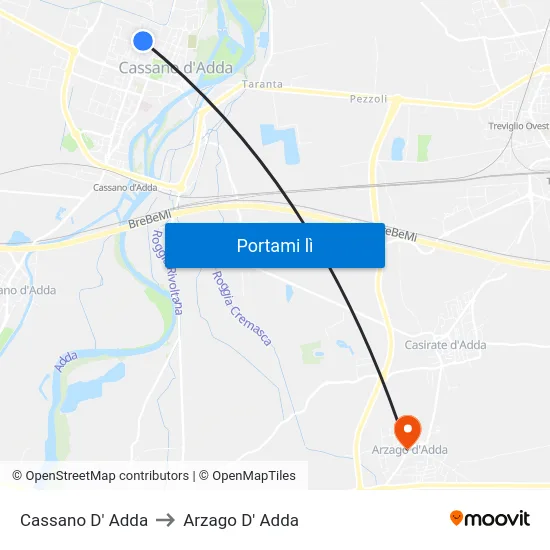 Cassano D' Adda to Arzago D' Adda map