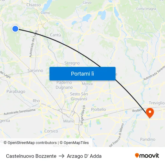 Castelnuovo Bozzente to Arzago D' Adda map
