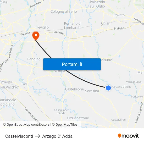 Castelvisconti to Arzago D' Adda map