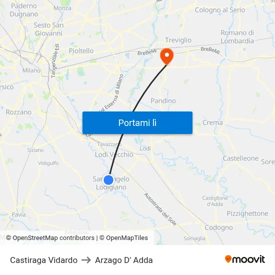 Castiraga Vidardo to Arzago D' Adda map