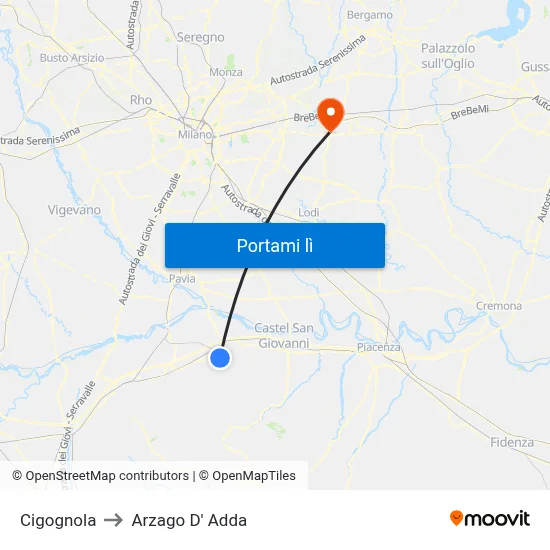 Cigognola to Arzago D' Adda map