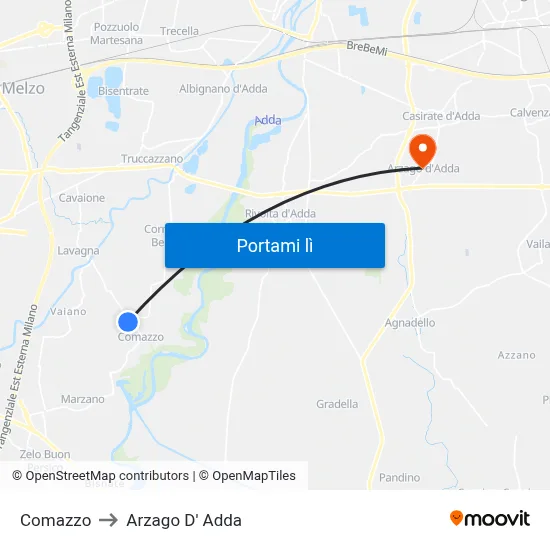 Comazzo to Arzago D' Adda map
