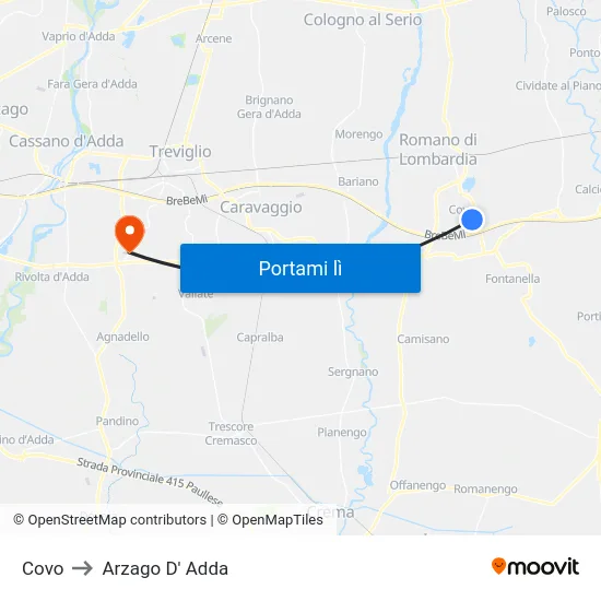 Covo to Arzago D' Adda map